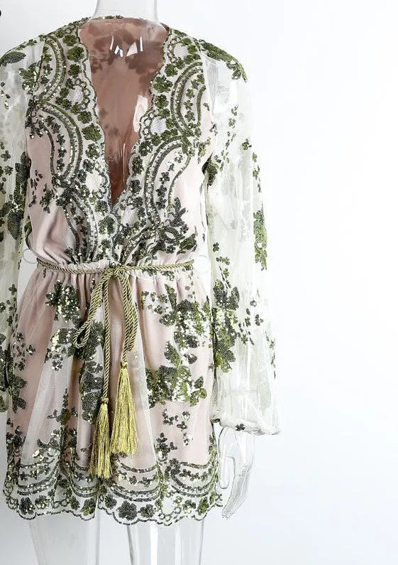 Sequin Embroidery Elegant Transparent Mesh Sleeve Dress
