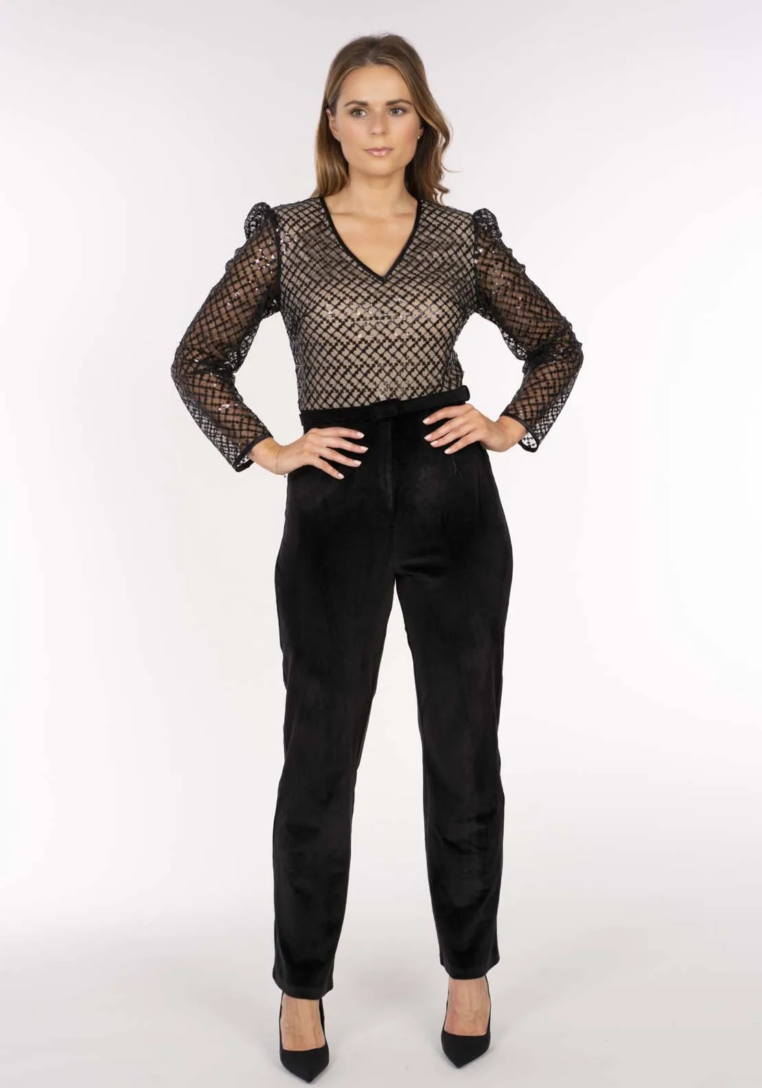 Sequin  Velvet Jumpsuit - Black
