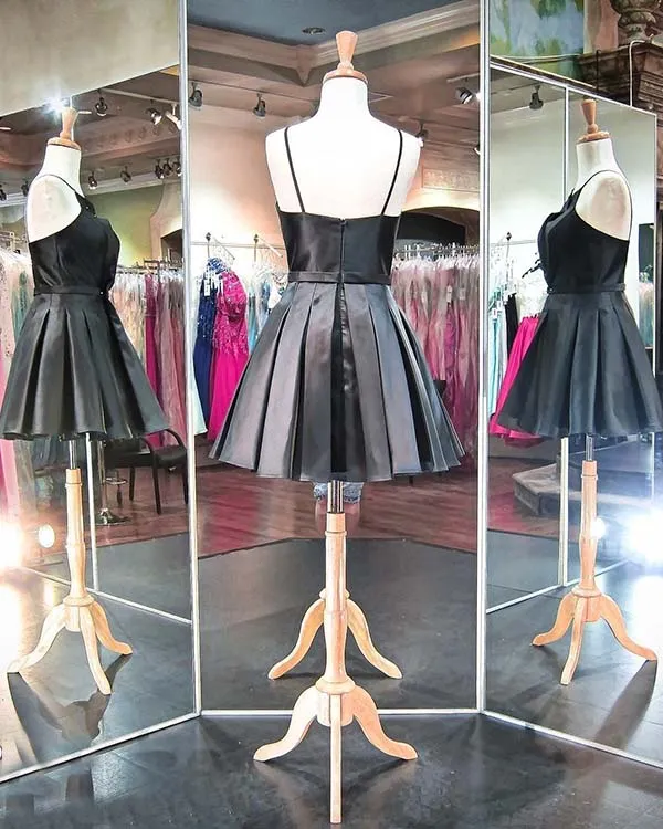 Sexy Black Satin Homecoming Dresses 2018 New Spaghetti Straps Ball Gown Prom Party Gowns
