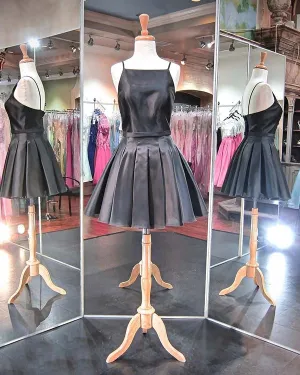 Sexy Black Satin Homecoming Dresses 2018 New Spaghetti Straps Ball Gown Prom Party Gowns