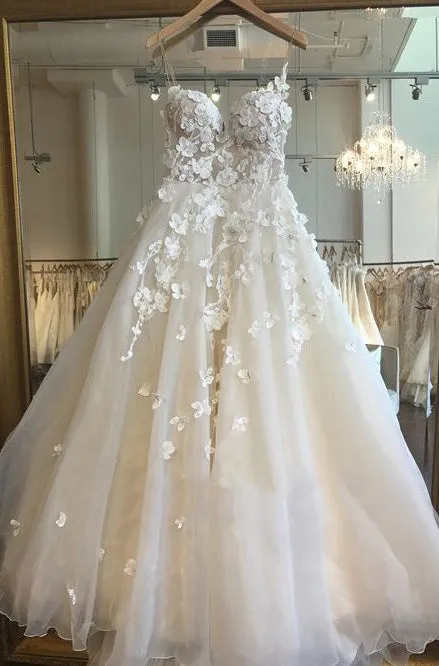 Sexy Lace Wedding Dresses with Spaghetti A-line Bridal Wedding Gown 3D Flowers