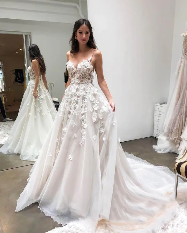 Sexy Lace Wedding Dresses with Spaghetti A-line Bridal Wedding Gown 3D Flowers