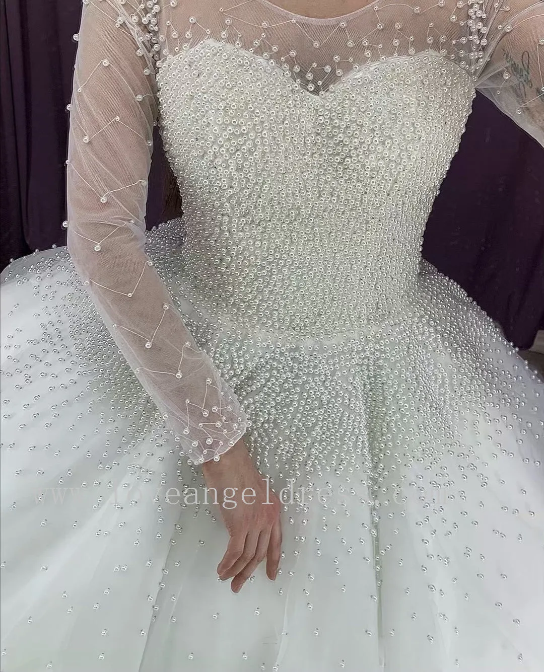 Sheer Long Sleeves Pearls Bride Dress Ball Gown 2020
