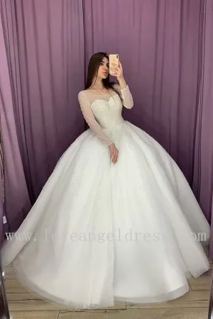 Sheer Long Sleeves Pearls Bride Dress Ball Gown 2020