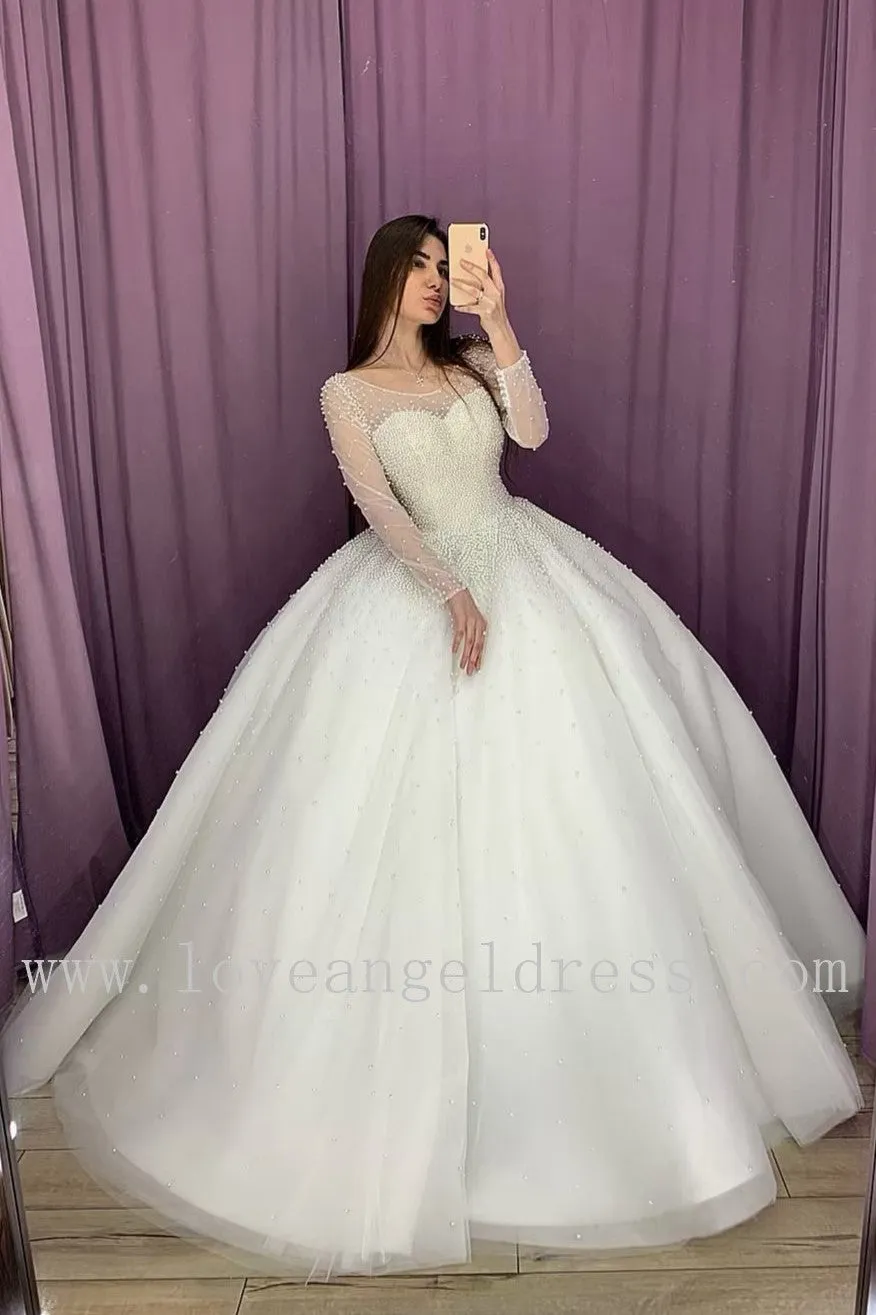 Sheer Long Sleeves Pearls Bride Dress Ball Gown 2020