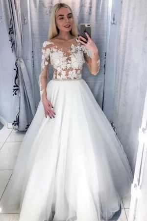 Sheer Long Sleeves Wedding Gown with Floral Lace Bodice