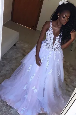 Sheer Plunging White Wedding Gown with Lace Tulle Skirt