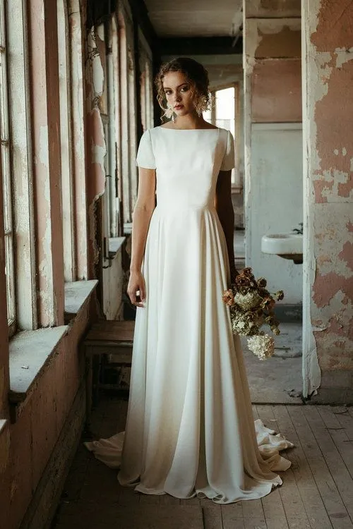 Simple A-line Bridal Dress with Short Sleeves