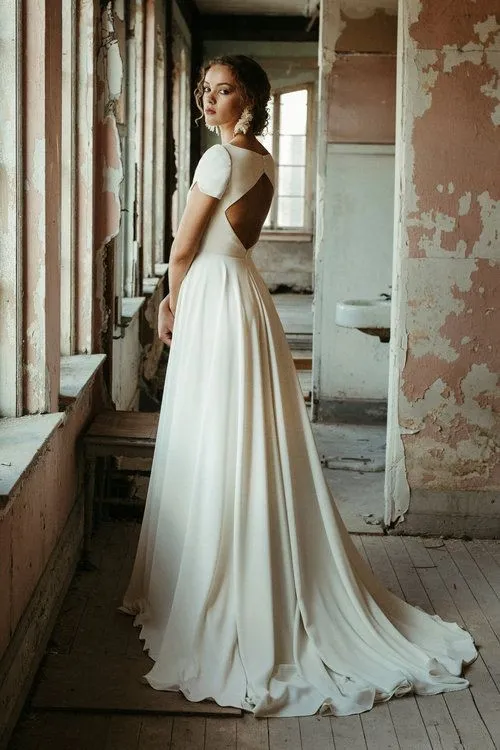 Simple A-line Bridal Dress with Short Sleeves