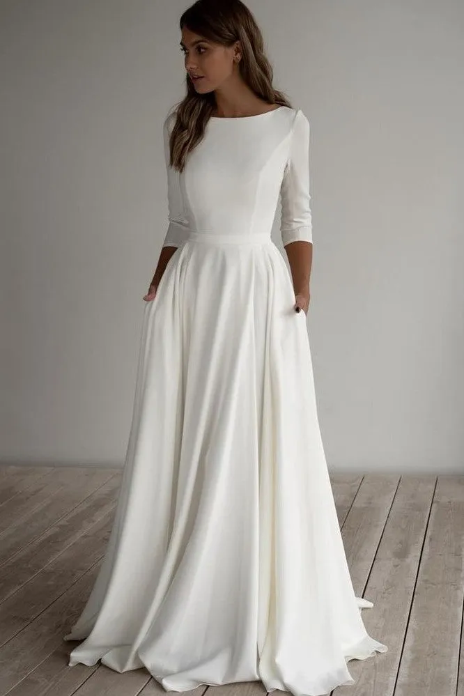 Simple Bride Wedding Gown with Three Quarter Sleeves