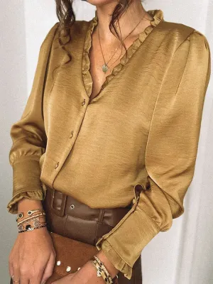 Simple Long Sleeves Buttoned Lace-Up V-Neck Blouses&Shirts Tops