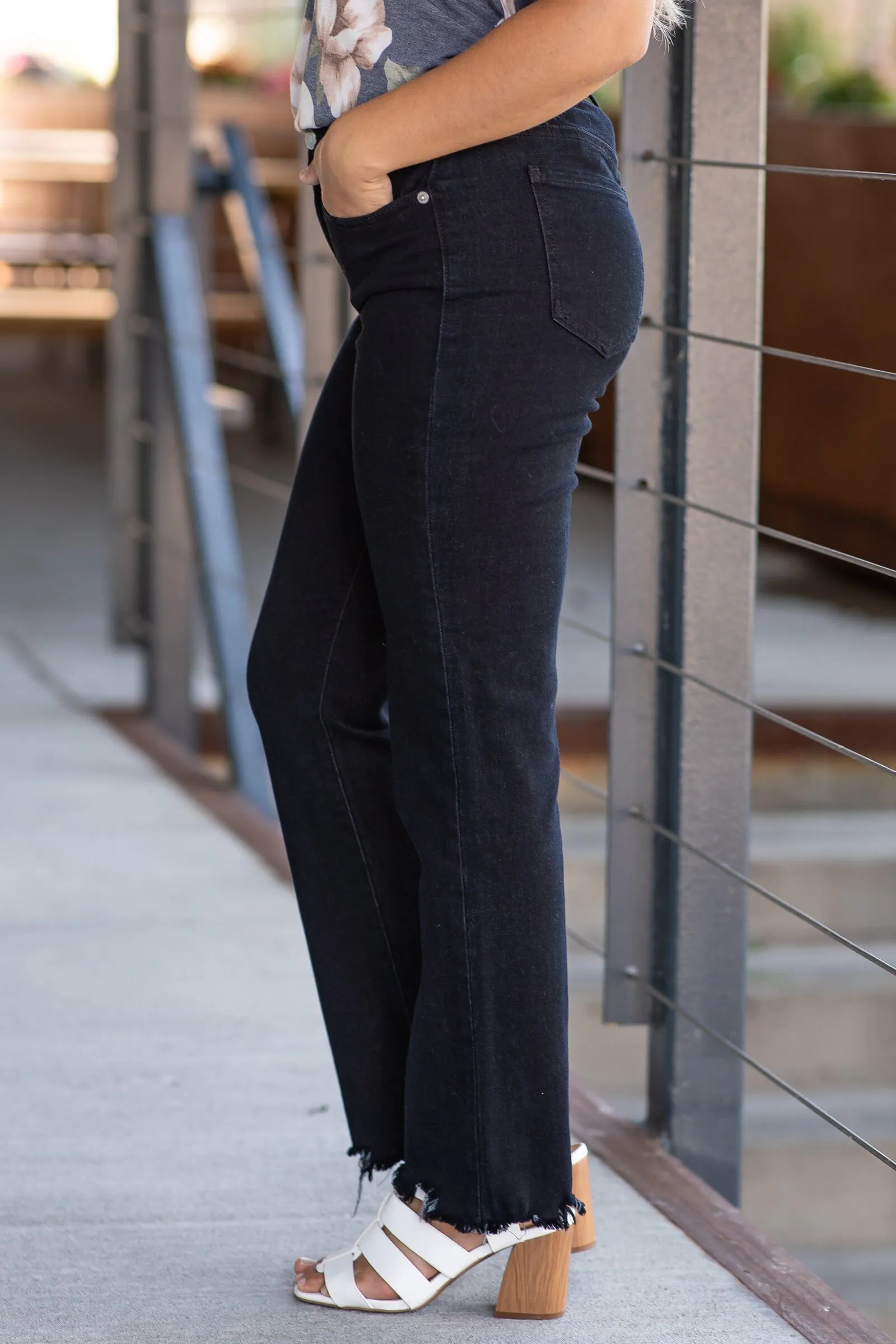Sneak Peek Black Fray Hem Straight Leg Jeans