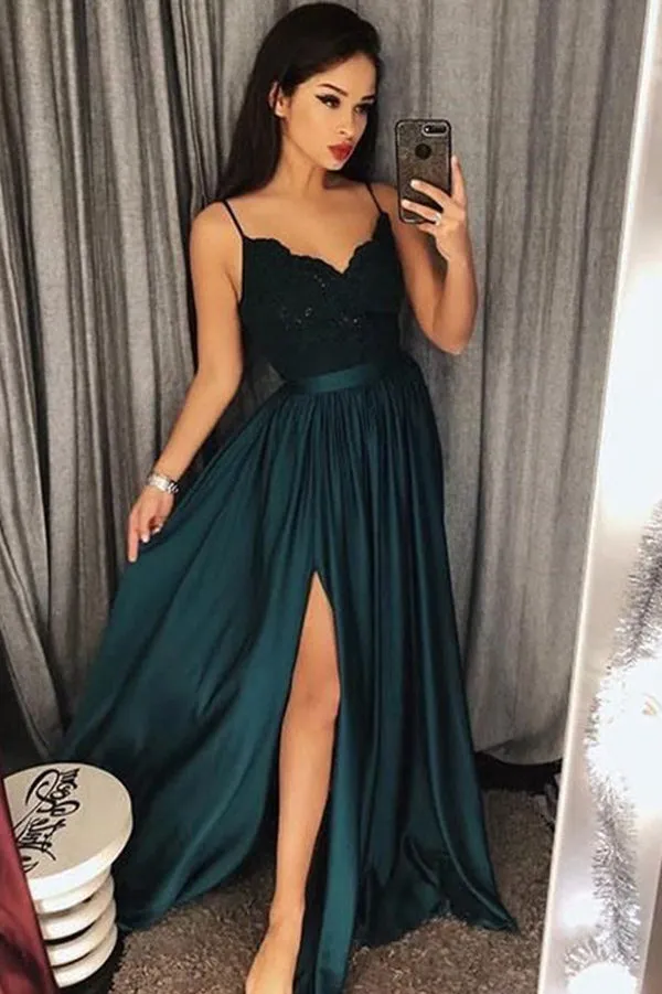 Spaghetti-Straps Dark-Green Prom Dress Lace Evening Gowns With Slit, MP463