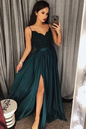 Spaghetti-Straps Dark-Green Prom Dress Lace Evening Gowns With Slit, MP463