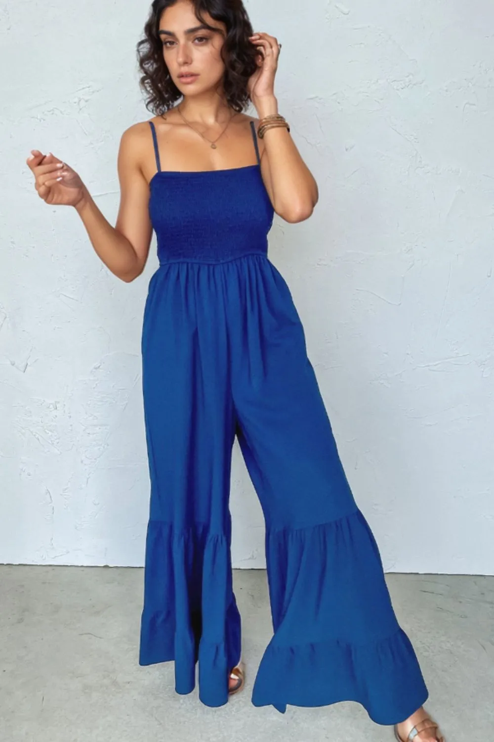 Spaghetti Straps Smocked Ruffled Wide Leg Jumpsuit