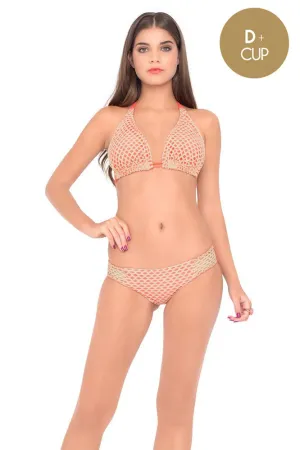 STARFISH WISHES - Triangle Halter Top & Full Bottom • Gold Fire Coral