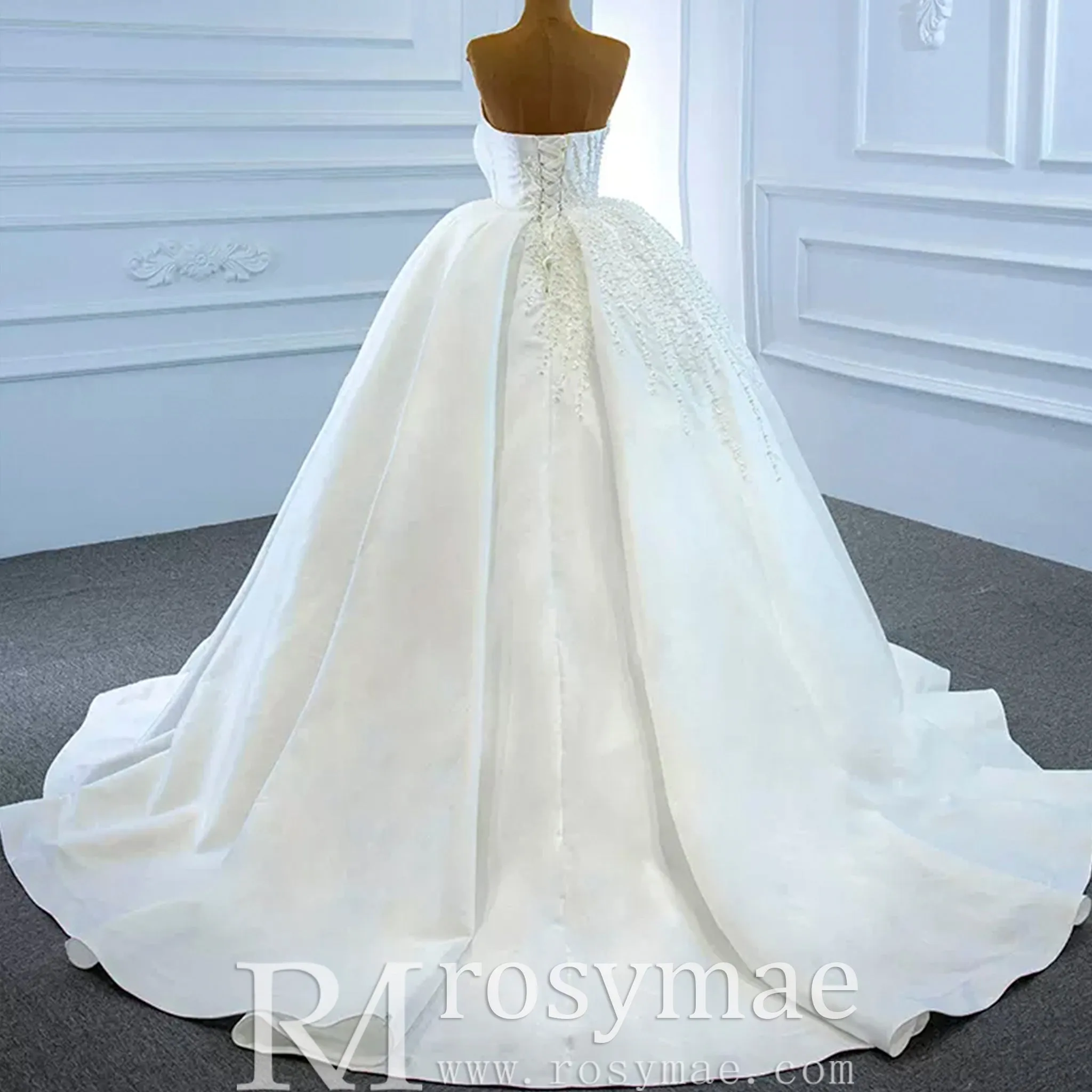 Straight Neck Ball Gown Wedding Dress with Pearls Satin Bridal Gown