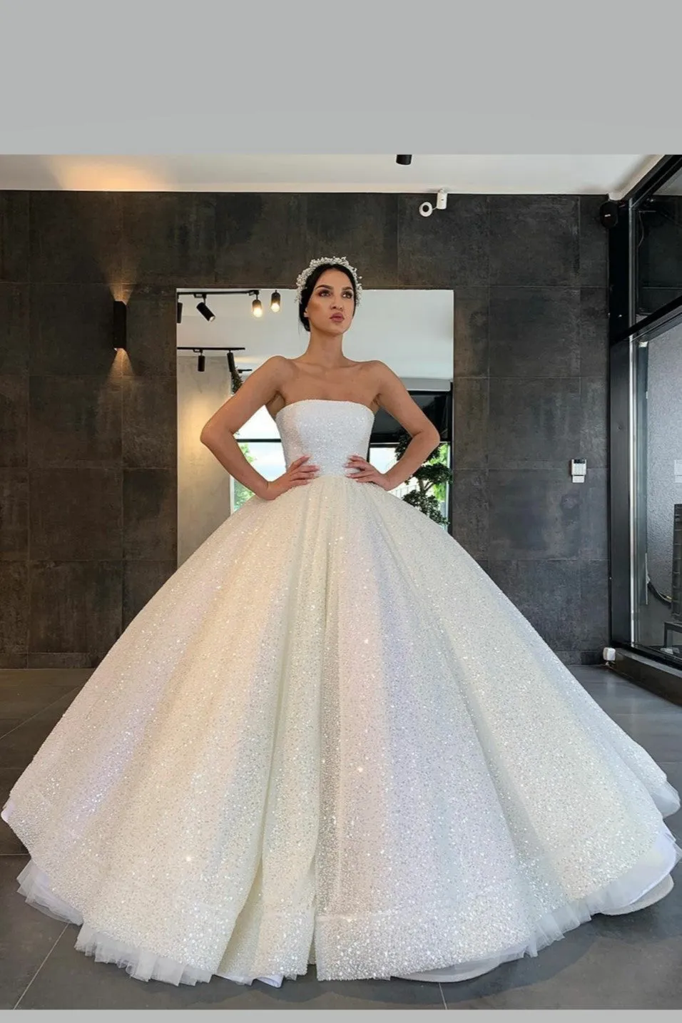 Strapless Sequin Ball Gown Wedding Dress Open Back