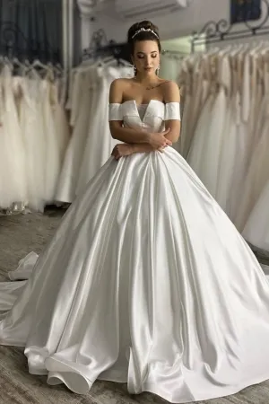 Structured Satin Ball Gown Wedding Dress with Off-the-shoulder Sleeves