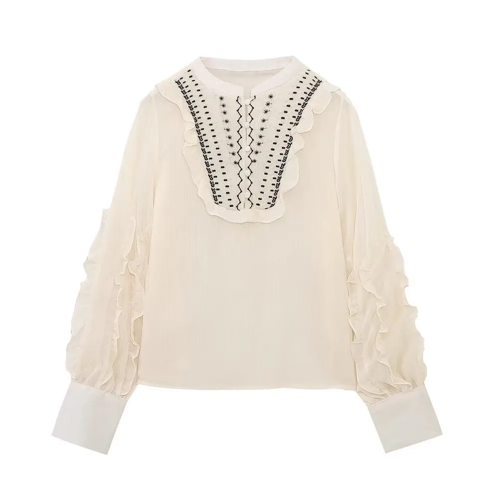 Summer Women High Grade Long Sleeve Round Neck Loose Embroidered Shirt