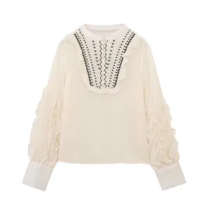 Summer Women High Grade Long Sleeve Round Neck Loose Embroidered Shirt