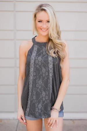 Sunset Lace Halter Tank Top- Charcoal