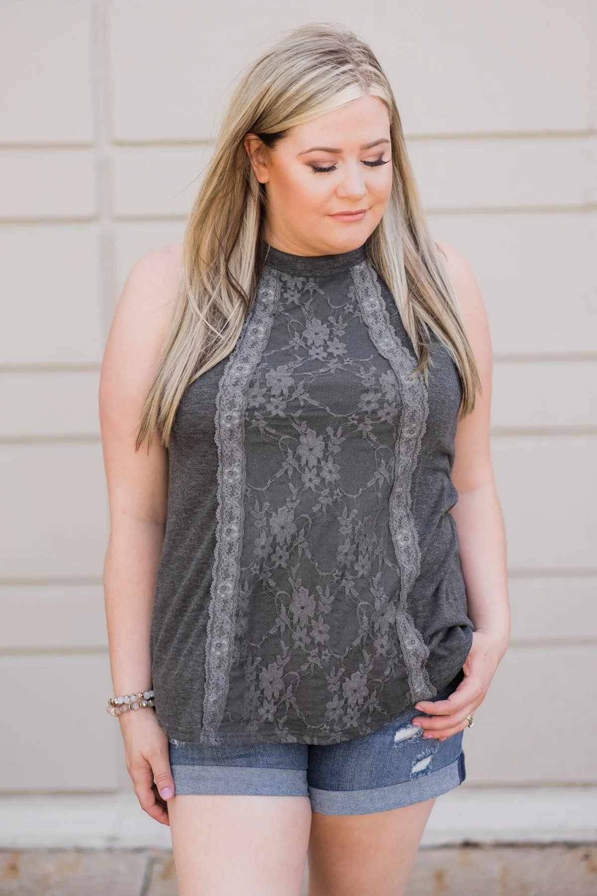 Sunset Lace Halter Tank Top- Charcoal