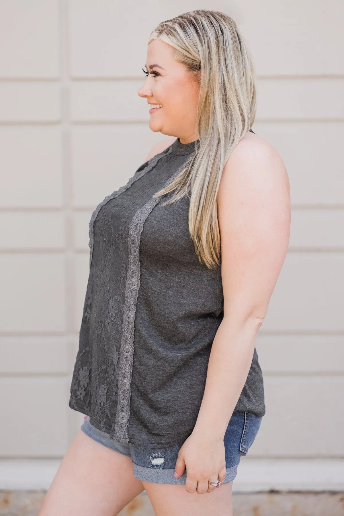 Sunset Lace Halter Tank Top- Charcoal