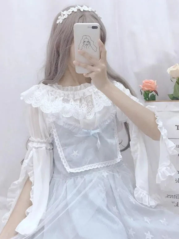 Sweet Lolita Blouses Lace Ruffles Long Sleeves Blouse Polyester Apricot Lolita Shirt