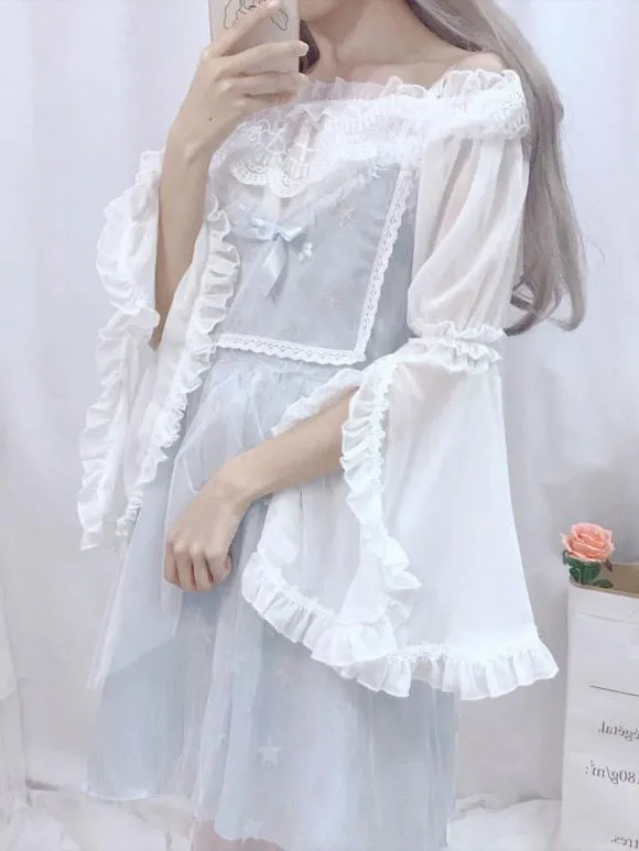 Sweet Lolita Blouses Lace Ruffles Long Sleeves Blouse Polyester Apricot Lolita Shirt