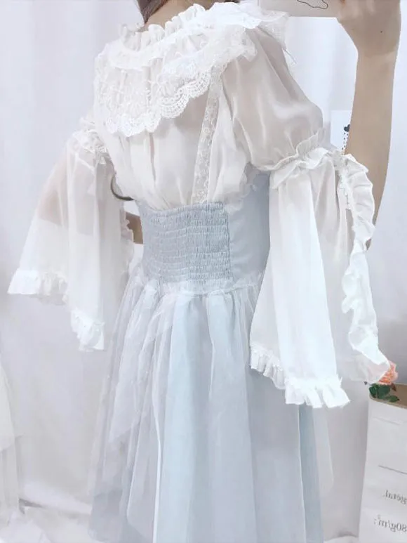 Sweet Lolita Blouses Lace Ruffles Long Sleeves Blouse Polyester Apricot Lolita Shirt