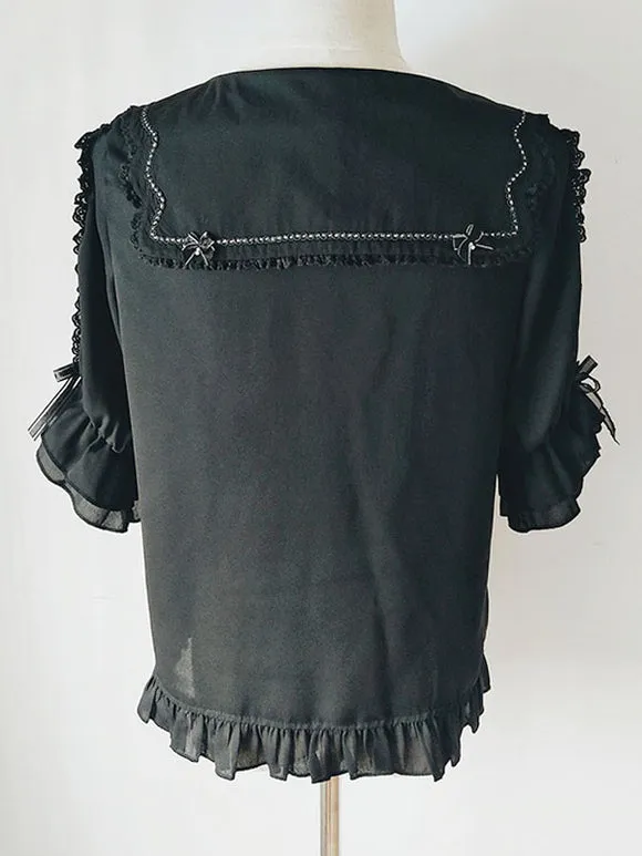 Sweet Lolita Blouses Lace Ruffles Half Sleeves Blouse Lolita Top Color Block Black Lolita Shirt