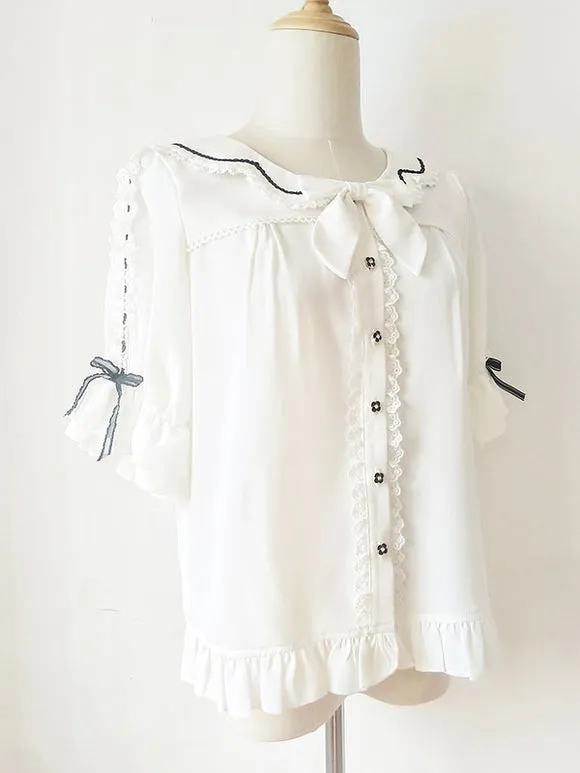 Sweet Lolita Blouses Lace Ruffles Half Sleeves Blouse Lolita Top Color Block Black Lolita Shirt