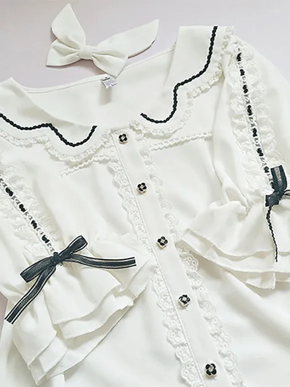 Sweet Lolita Blouses Lace Ruffles Half Sleeves Blouse Lolita Top Color Block Black Lolita Shirt