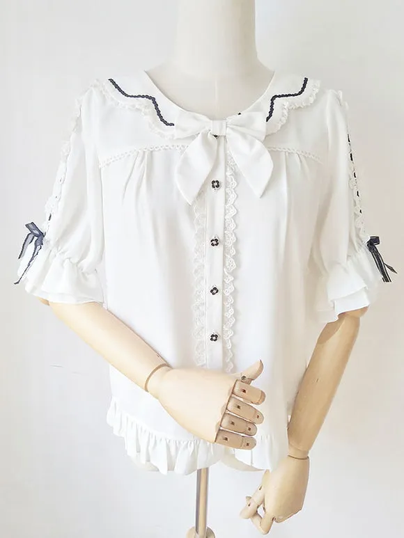 Sweet Lolita Blouses Lace Ruffles Half Sleeves Blouse Lolita Top Color Block Black Lolita Shirt