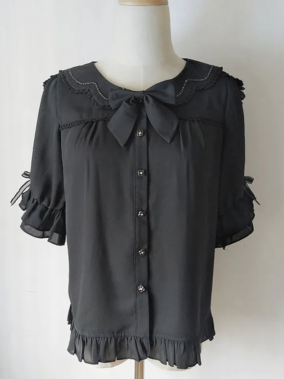 Sweet Lolita Blouses Lace Ruffles Half Sleeves Blouse Lolita Top Color Block Black Lolita Shirt