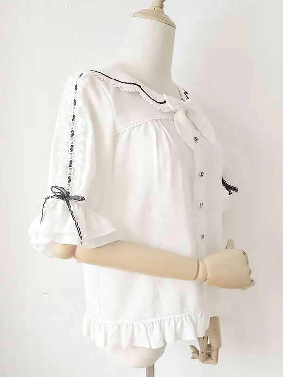 Sweet Lolita Blouses Lace Ruffles Half Sleeves Blouse Lolita Top Color Block Black Lolita Shirt