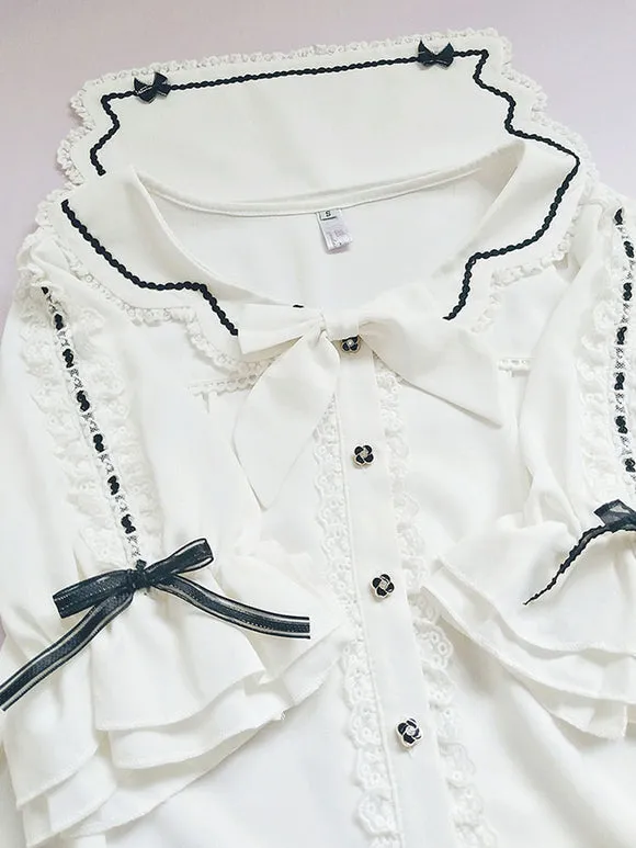 Sweet Lolita Blouses Lace Ruffles Half Sleeves Blouse Lolita Top Color Block Black Lolita Shirt