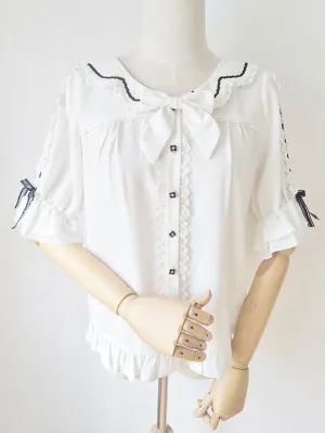 Sweet Lolita Blouses Lace Ruffles Half Sleeves Blouse Lolita Top Color Block Black Lolita Shirt