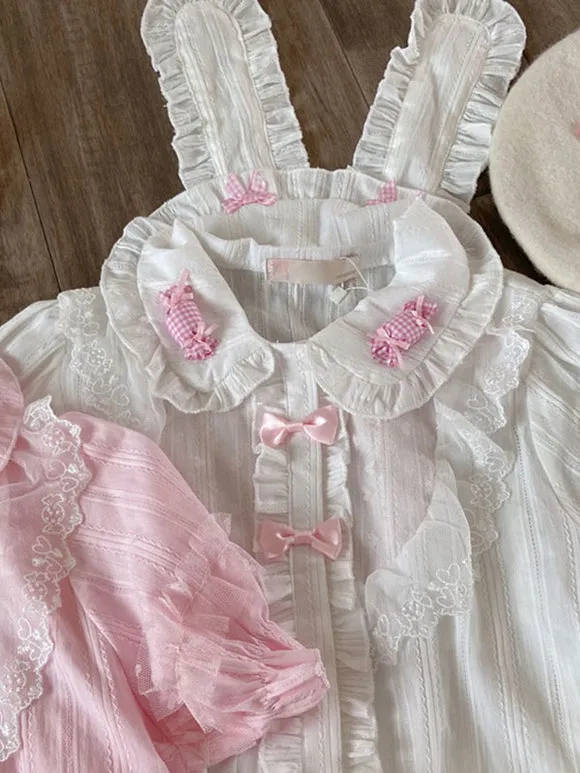 Sweet Lolita Blouses Pink Long Sleeves Lace Lolita Top Bow Lolita Shirt