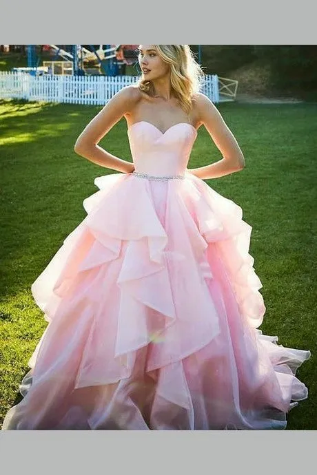 Sweetheart Pink Prom Ball Gown with Ruffles Organza Skirt