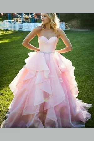Sweetheart Pink Prom Ball Gown with Ruffles Organza Skirt