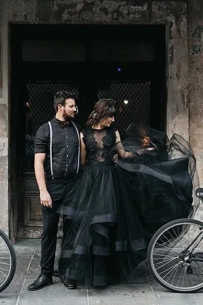 Tiered Skirt Black Bridal Dresses with Sheer Lace Bodice