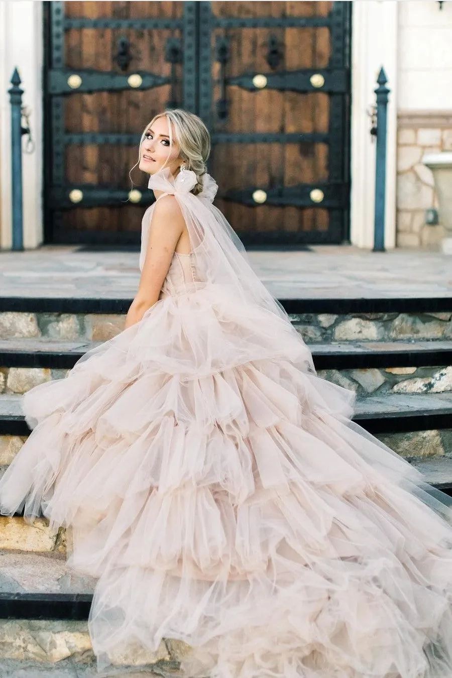 Tiered Tulle Romantic Bridal Dresses with V-neckline