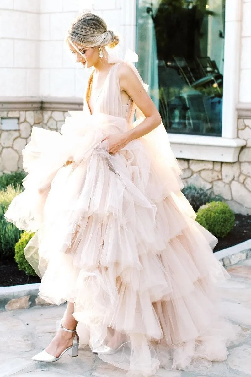 Tiered Tulle Romantic Bridal Dresses with V-neckline