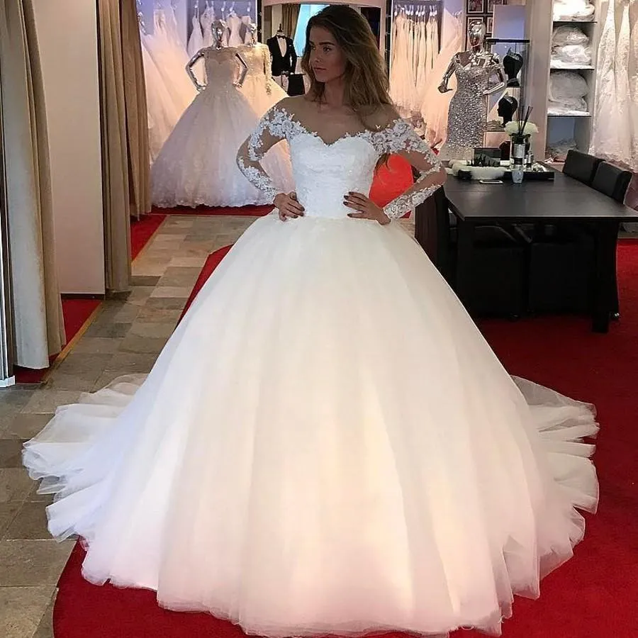 Tulle Ball Gown Wedding Dresses with Lace Long Sleeves 2019