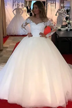 Tulle Ball Gown Wedding Dresses with Lace Long Sleeves 2019