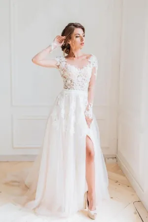 Tulle Wedding Gown with Illusion Lace Long Sleeves