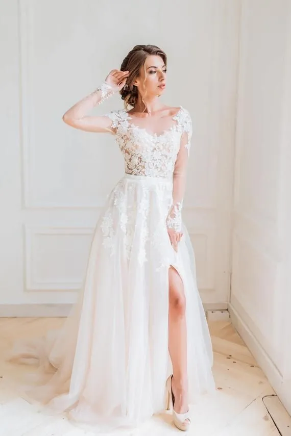 Tulle Wedding Gown with Illusion Lace Long Sleeves
