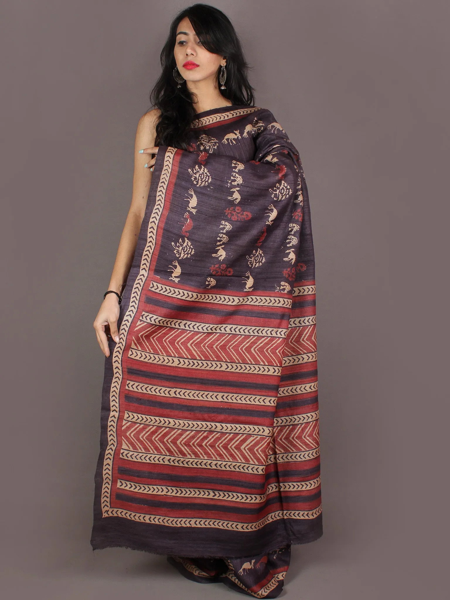 Tussar Handloom Silk Hand Block Printed & Painted Saree in Purple Beige & Maroon - S03170959